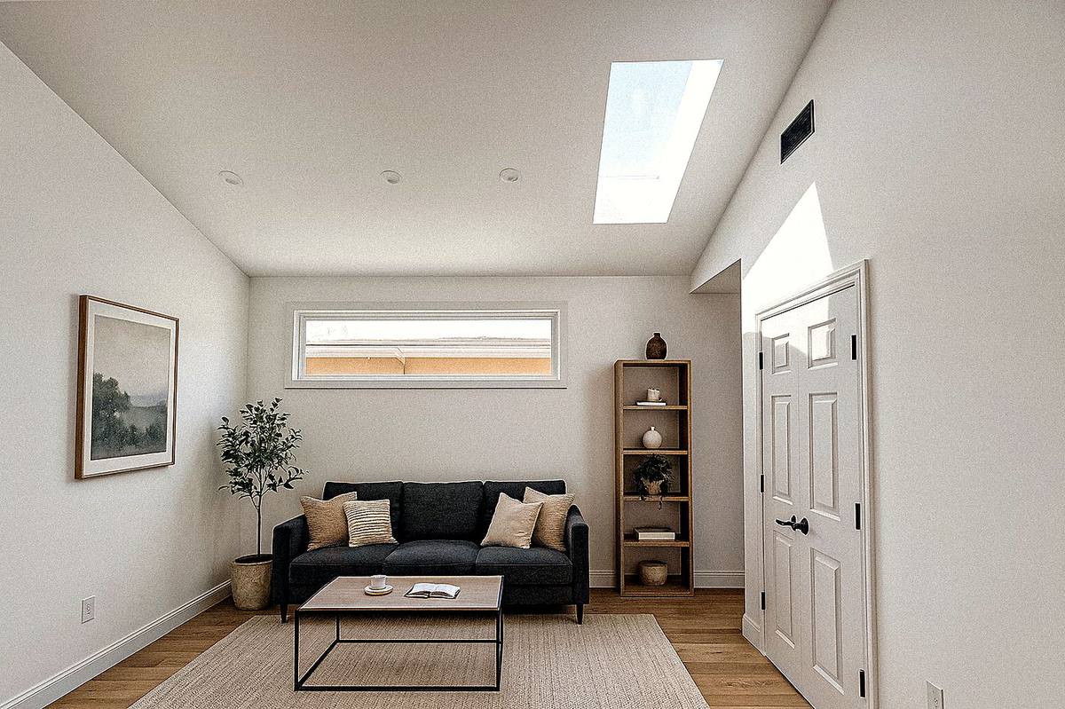 Bright ADU living room with skylight, Dalton Ave Gardena